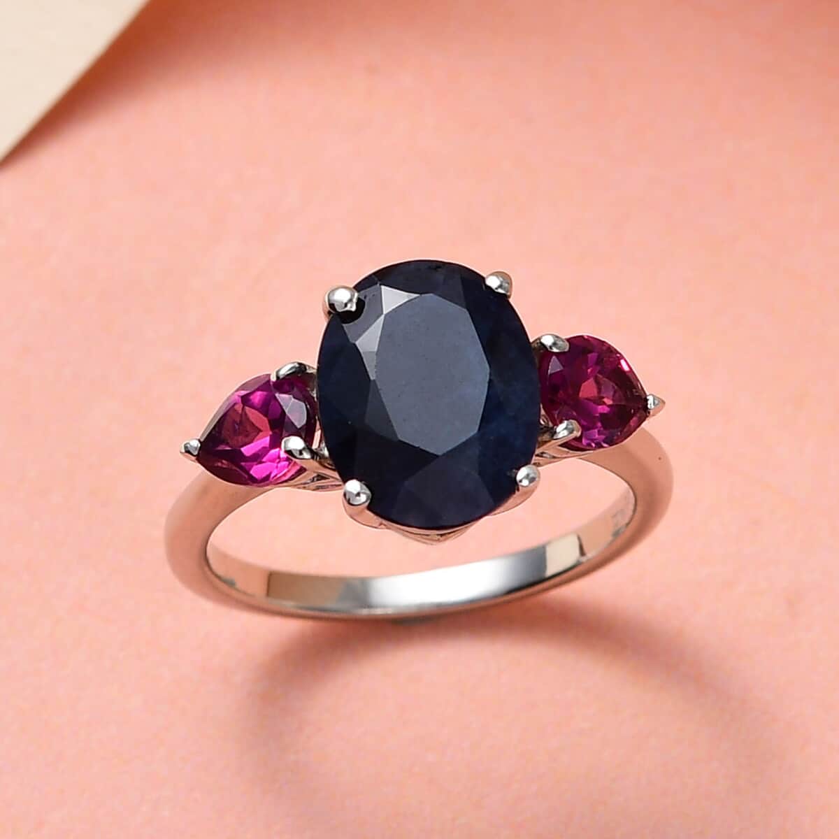Australian Midnight Sapphire and Orissa Rhodolite Garnet 3 Stone Ring in Platinum Over Sterling Silver (Size 6.0) 4.20 ctw image number 1