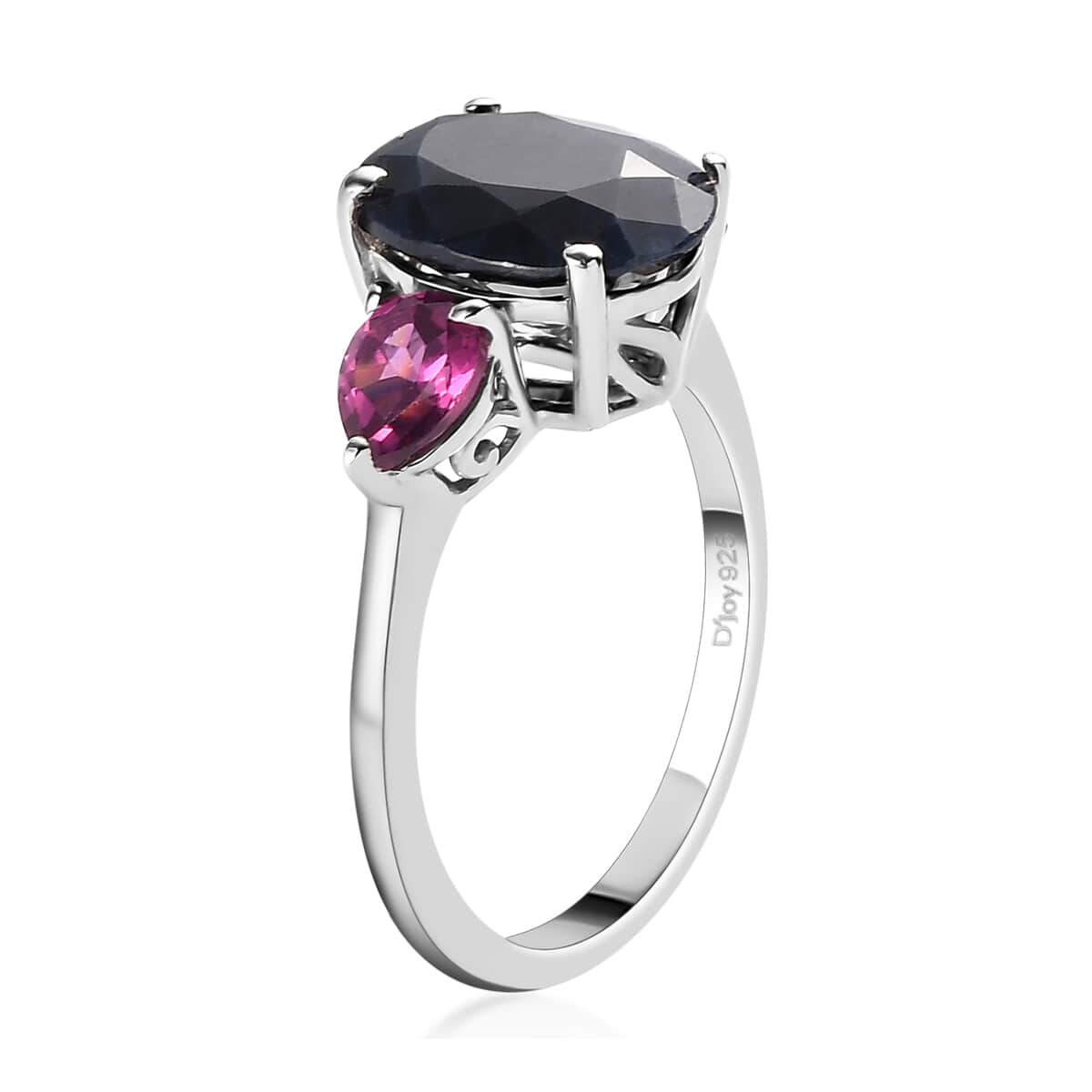 Australian Midnight Sapphire and Orissa Rhodolite Garnet 3 Stone Ring in Platinum Over Sterling Silver (Size 6.0) 4.20 ctw image number 3