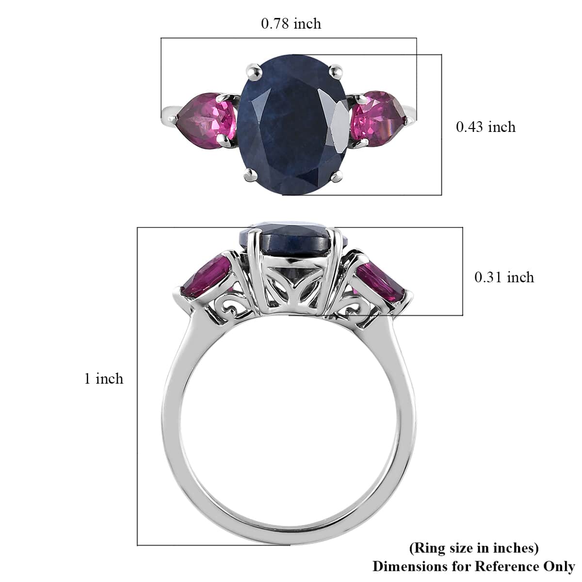 Australian Midnight Sapphire and Orissa Rhodolite Garnet 3 Stone Ring in Platinum Over Sterling Silver (Size 6.0) 4.20 ctw image number 5