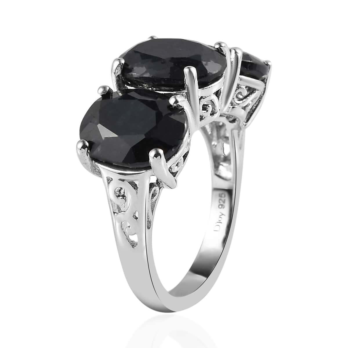 Australian Black Sapphire 3 Stone Ring in Platinum Over Sterling Silver 10.15 ctw image number 3