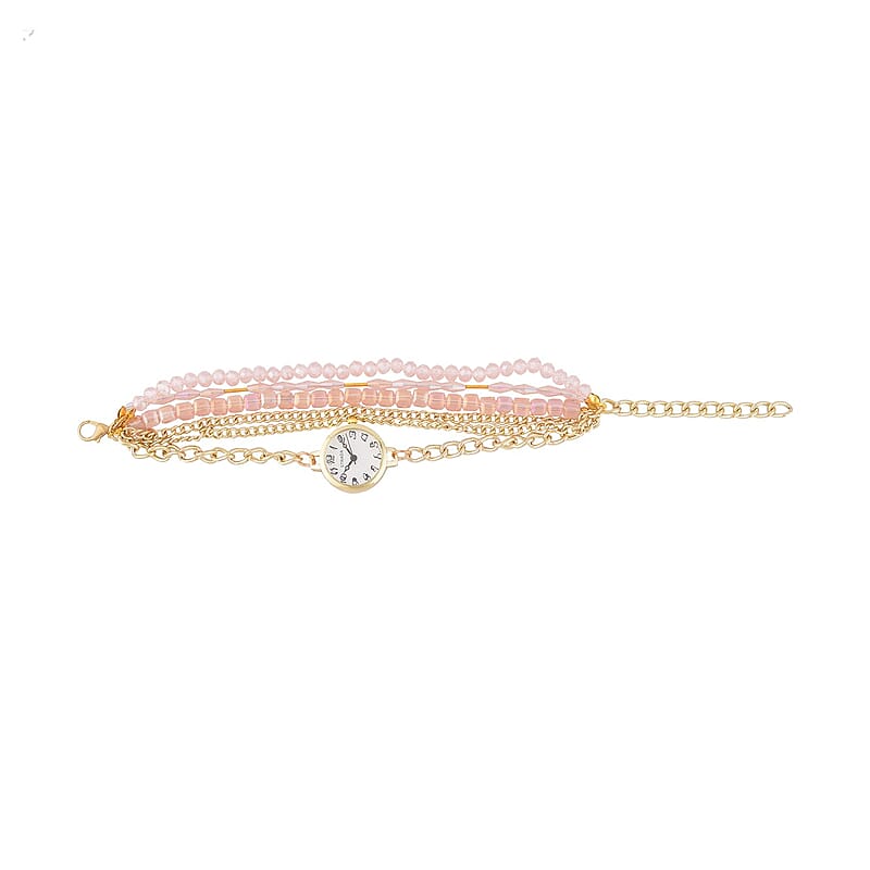 Strada Japanese Movement Bracelet Watch in Goldtone with Pink Glass Beaded Chain and Charms Strap, Designer and Luxury Watches for Women with Beaded and Chain Strap