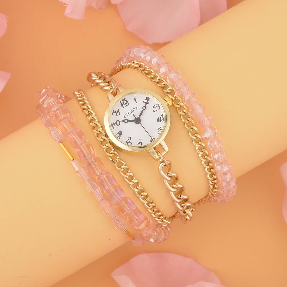 Strada Japanese Movement Bracelet Watch in Goldtone with Pink Glass Beaded Chain and Charms Strap, Designer and Luxury Watches for Women with Beaded and Chain Strap image number 1