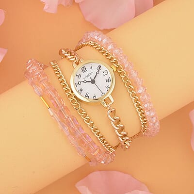 Strada Japanese Movement Bracelet Watch in Goldtone with Pink Glass Beaded Chain and Charms Strap, Designer and Luxury Watches for Women with Beaded and Chain Strap