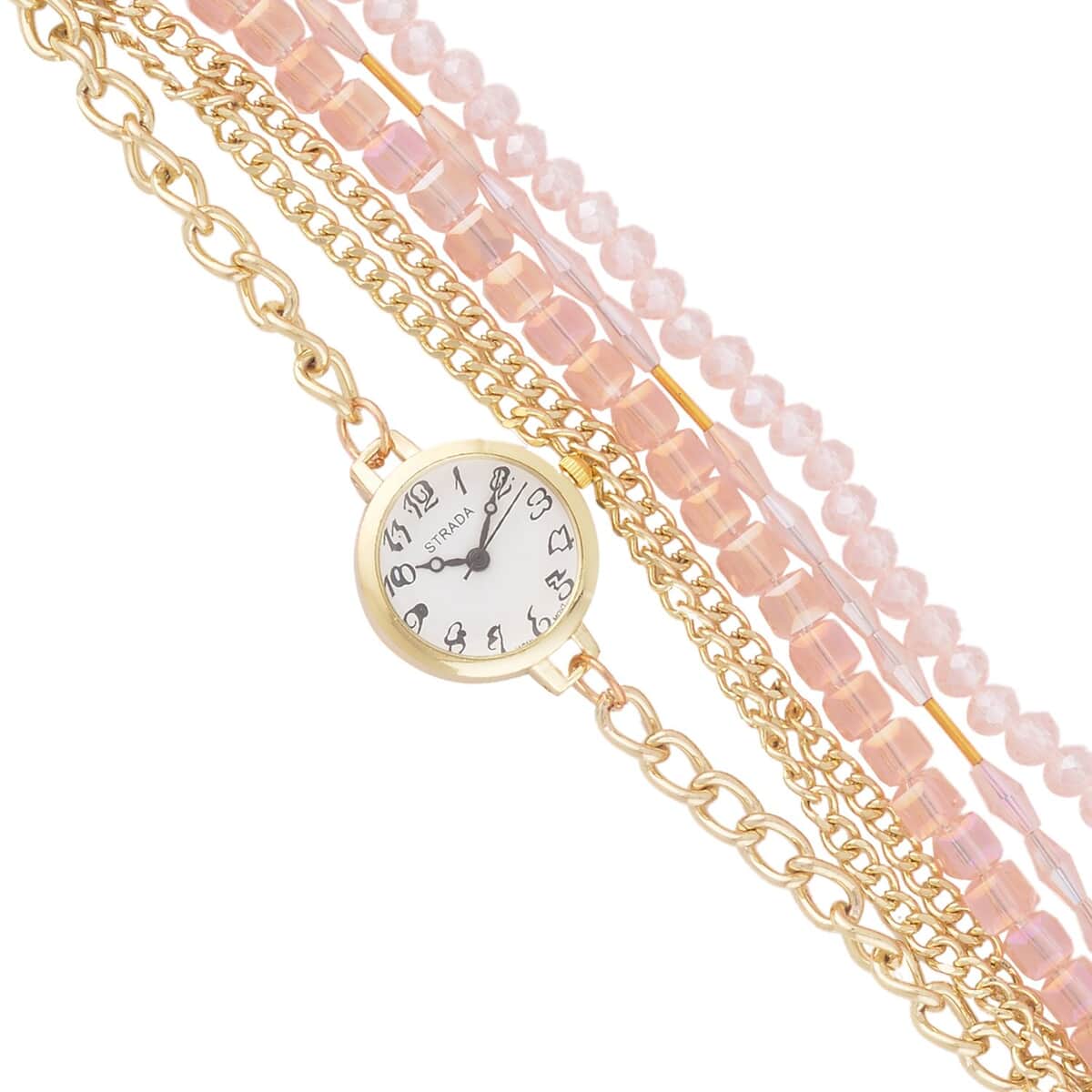 Strada Japanese Movement Bracelet Watch in Goldtone with Pink Glass Beaded Chain and Charms Strap, Designer and Luxury Watches for Women with Beaded and Chain Strap image number 2
