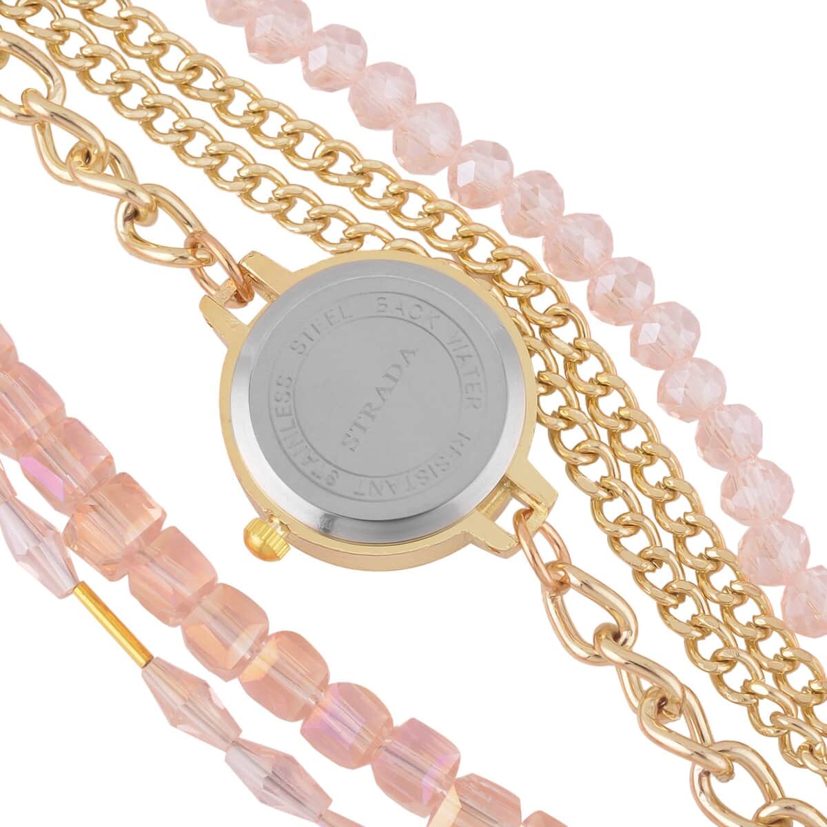 Strada Japanese Movement Bracelet Watch in Goldtone with Pink Glass Beaded Chain and Charms Strap, Designer and Luxury Watches for Women with Beaded and Chain Strap image number 3