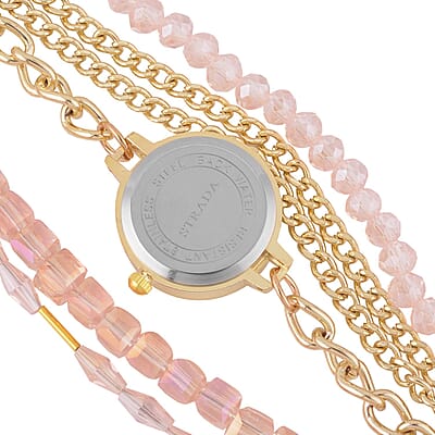 Strada Japanese Movement Bracelet Watch in Goldtone with Pink Glass Beaded Chain and Charms Strap, Designer and Luxury Watches for Women with Beaded and Chain Strap