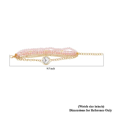 Strada Japanese Movement Bracelet Watch in Goldtone with Pink Glass Beaded Chain and Charms Strap, Designer and Luxury Watches for Women with Beaded and Chain Strap