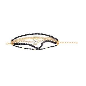 Strada Japanese Movement Bracelet Watch in Goldtone with Black Glass Beaded Chain and Charms Strap, Designer and Luxury Watches for Women with Beaded and Chain Strap