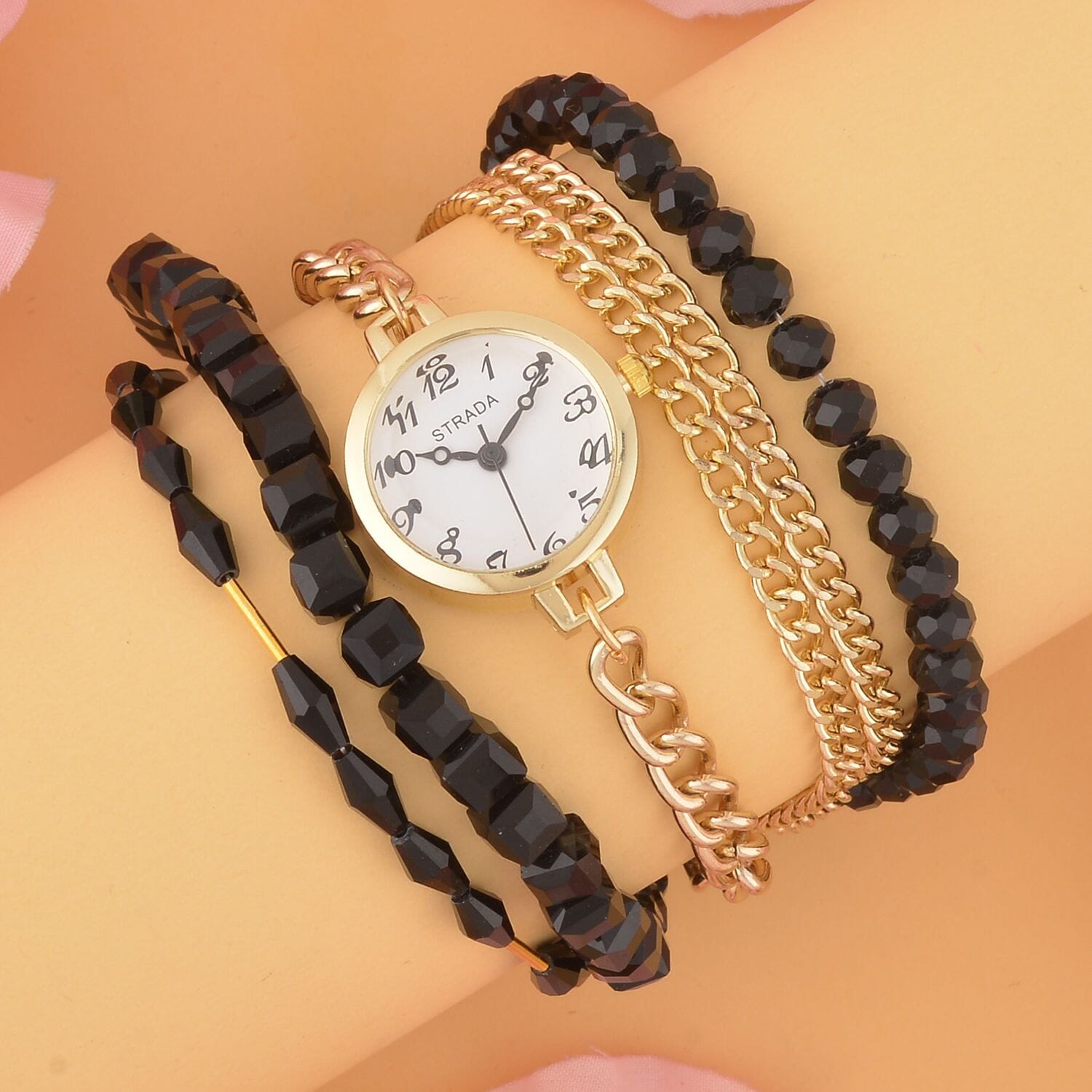 STRADA Japanese Movement Bracelet Watch Black Glass Chain Charms Strap Ct 30 - Picture 2 of 6