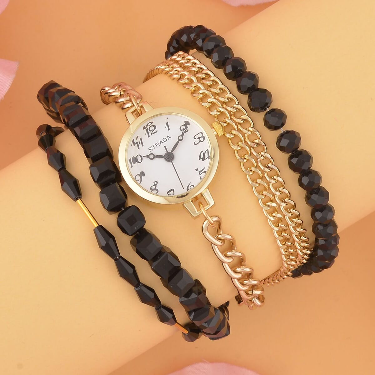 Strada Japanese Movement Bracelet Watch in Goldtone with Black Glass Beaded Chain and Charms Strap, Designer and Luxury Watches for Women with Beaded and Chain Strap image number 1