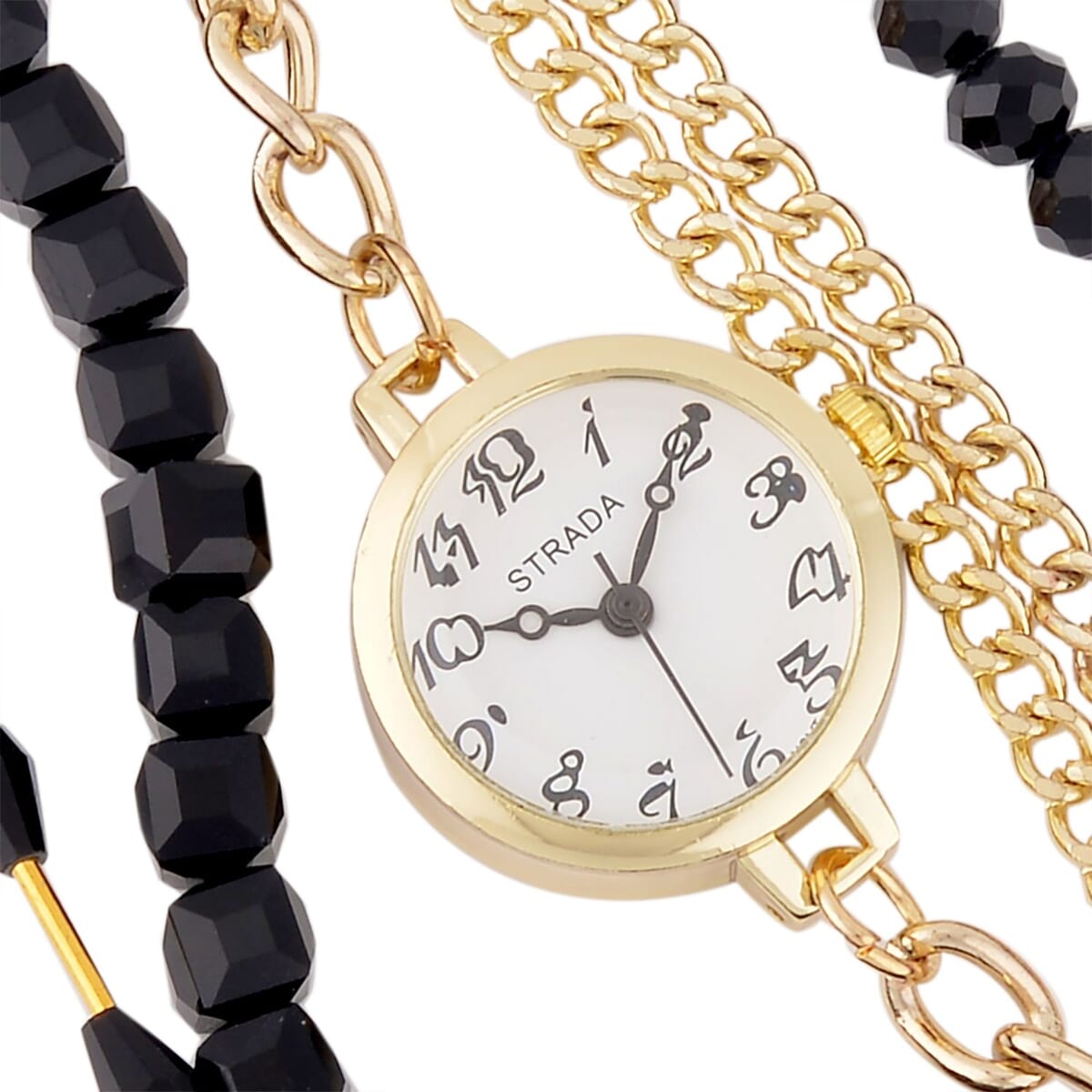 Strada Japanese Movement Bracelet Watch in Goldtone with Black Glass Beaded Chain and Charms Strap, Designer and Luxury Watches for Women with Beaded and Chain Strap image number 2