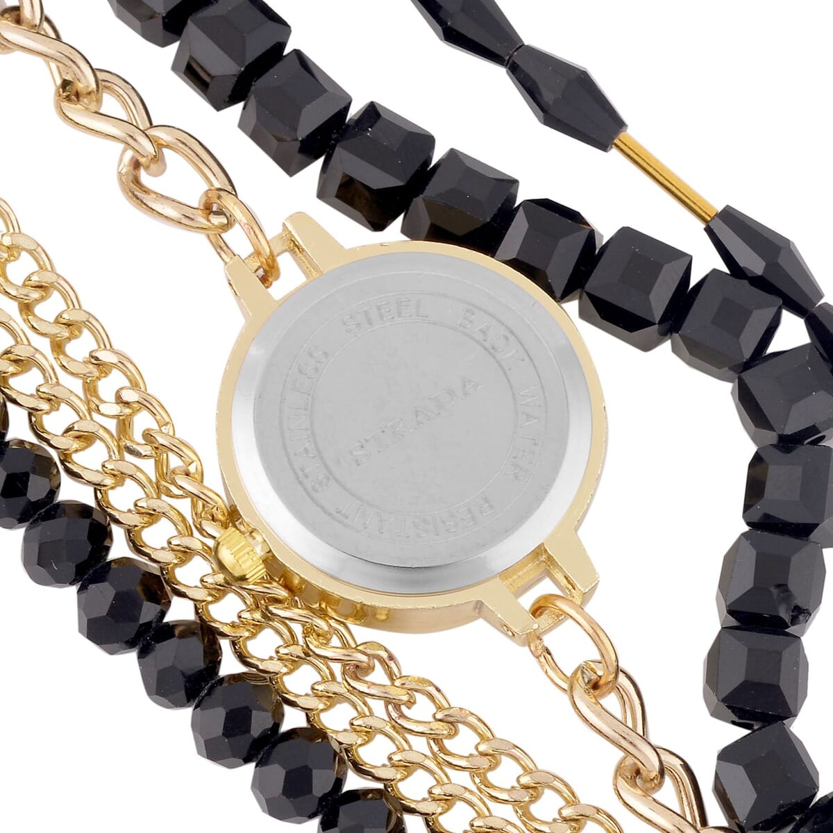 Strada Japanese Movement Bracelet Watch in Goldtone with Black Glass Beaded Chain and Charms Strap, Designer and Luxury Watches for Women with Beaded and Chain Strap image number 3