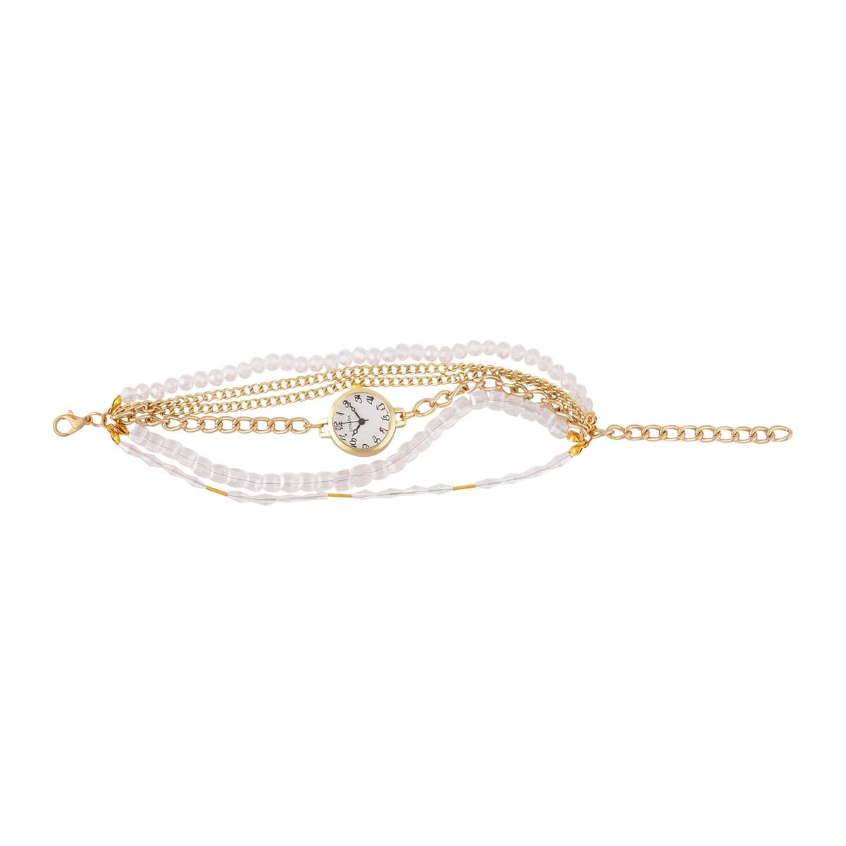 Strada Japanese Movement Bracelet Watch in Goldtone with White Glass Beaded Chain and Charms Strap, Designer and Luxury Watches for Women with Beaded and Chain Strap image number 0
