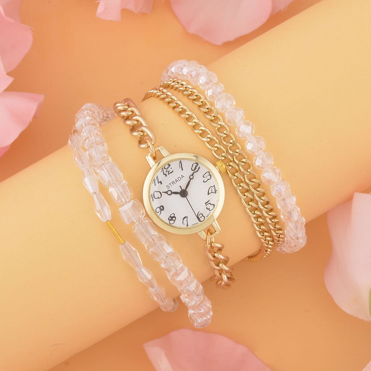 Strada Japanese Movement Bracelet Watch in Goldtone with White Glass Beaded Chain and Charms Strap, Designer and Luxury Watches for Women with Beaded and Chain Strap image number 1