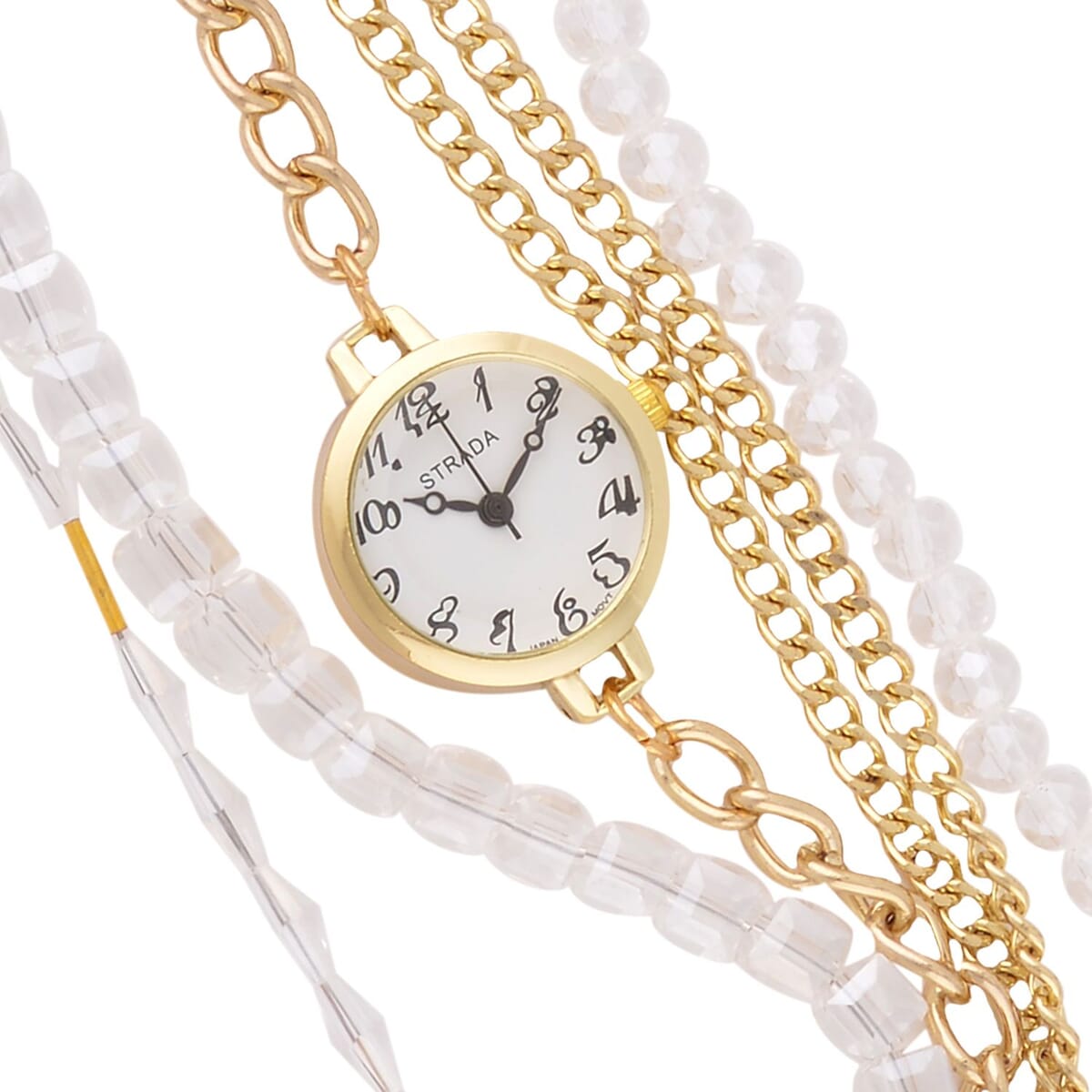 Strada Japanese Movement Bracelet Watch in Goldtone with White Glass Beaded Chain and Charms Strap, Designer and Luxury Watches for Women with Beaded and Chain Strap image number 2