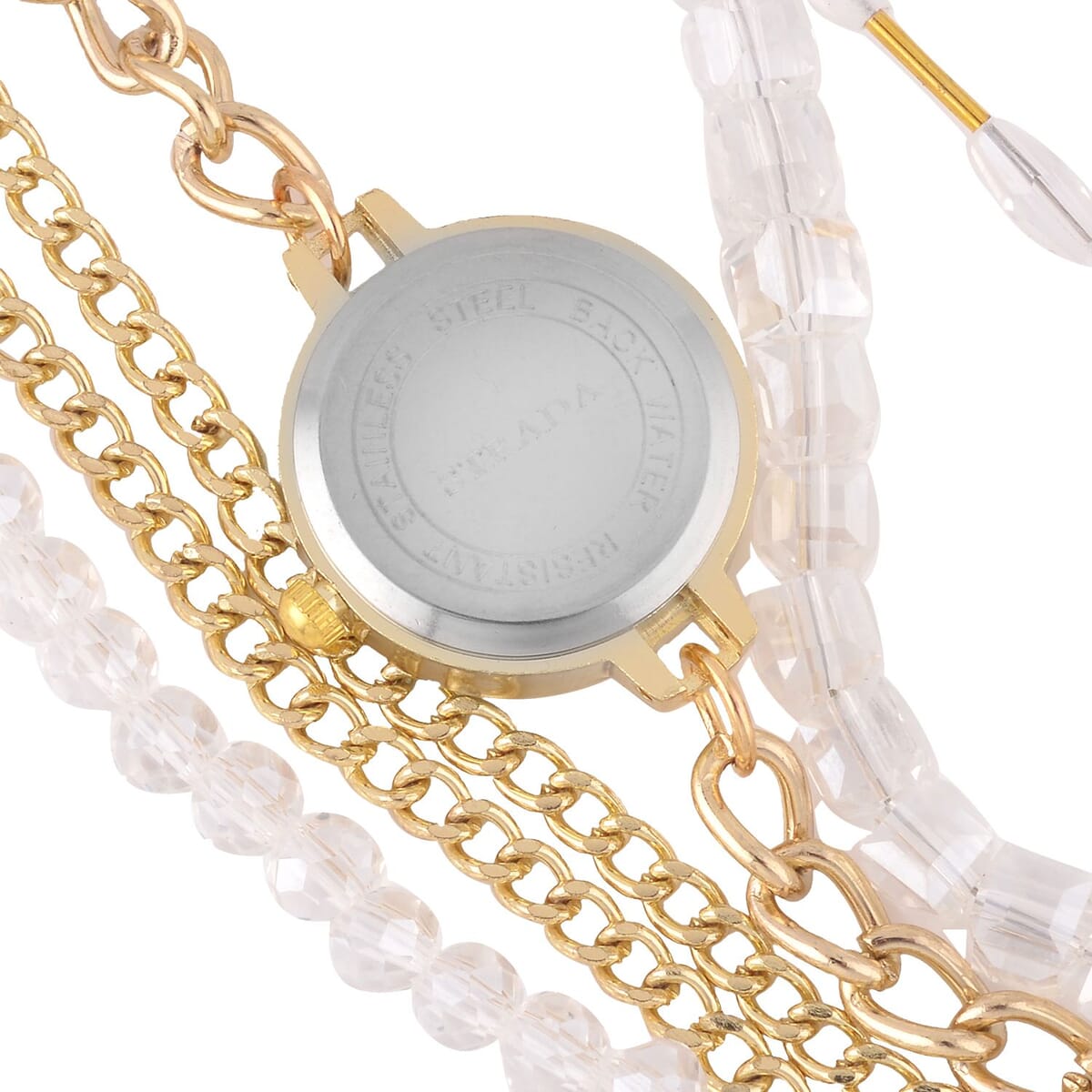 Strada Japanese Movement Bracelet Watch in Goldtone with White Glass Beaded Chain and Charms Strap, Designer and Luxury Watches for Women with Beaded and Chain Strap image number 3