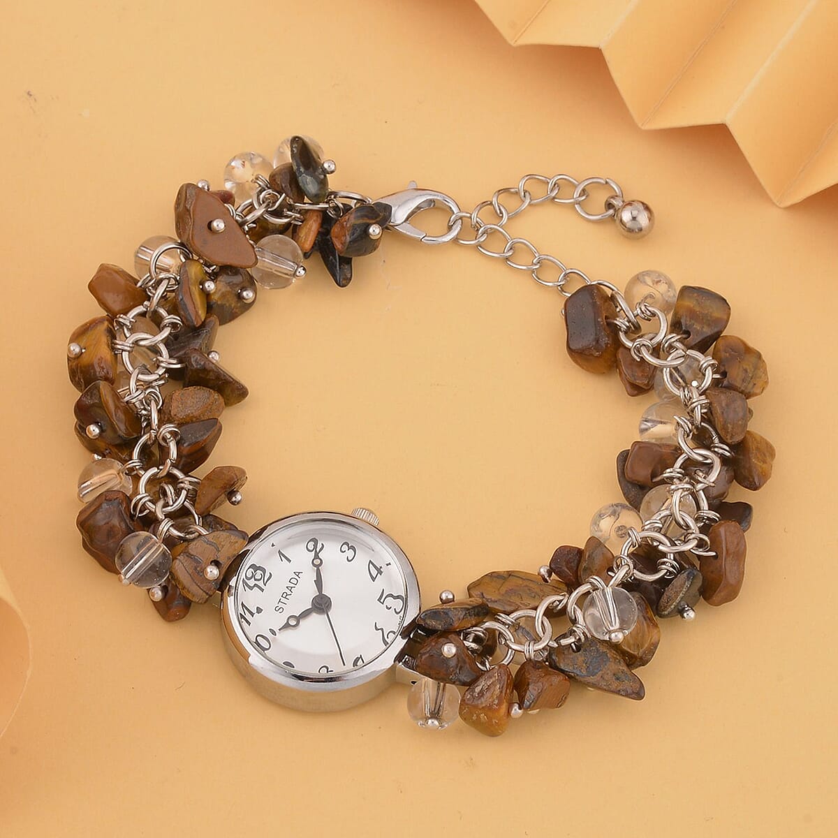 Strada Japanese Movement Yellow Tiger's Eye Chips and Glass Bracelet Watch in Stainless Steel (22.85mm) (7.00- 8.5 In) 20.00 ctw image number 1