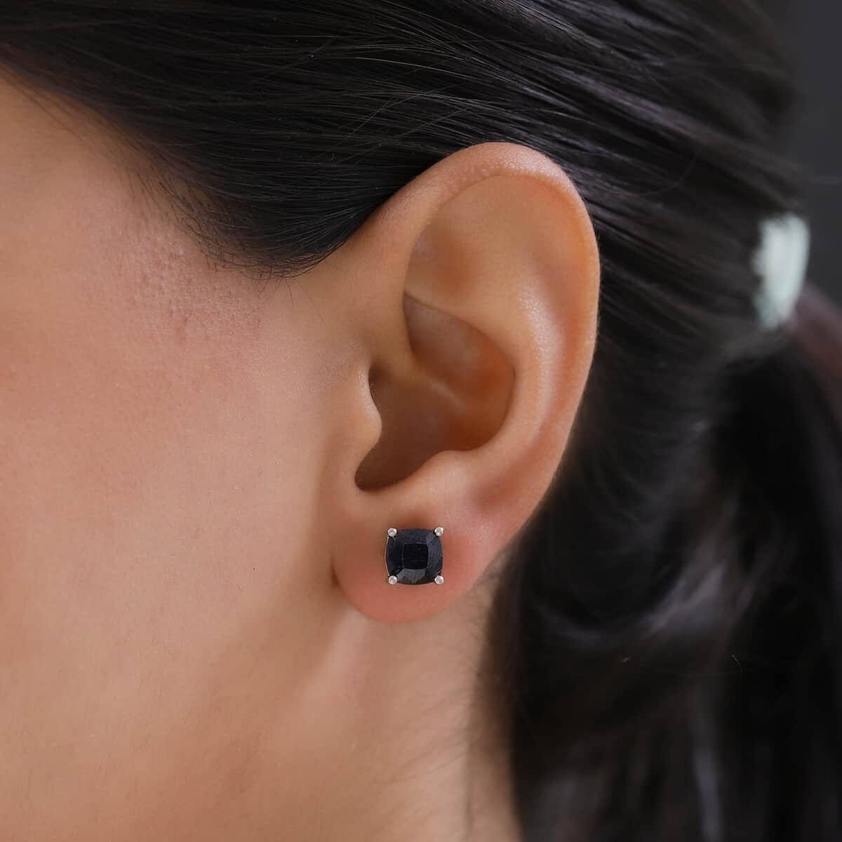 Australian Midnight Sapphire Solitaire Stud Earrings in Platinum Over Sterling Silver 4.20 ctw image number 2