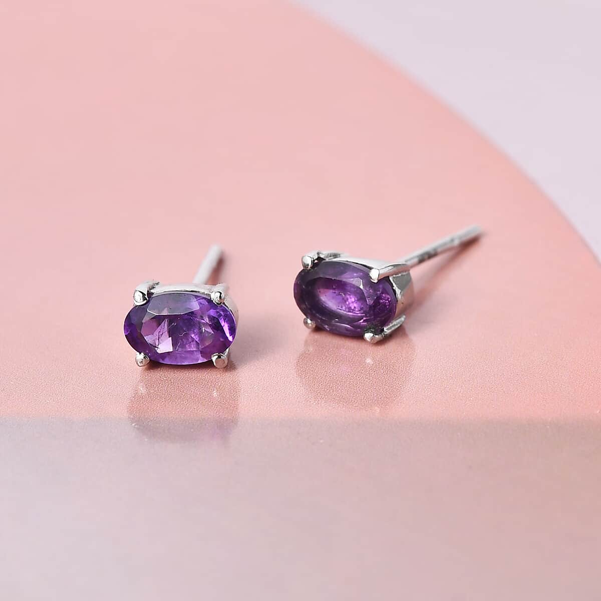 Amethyst Solitaire Stud Earrings in Stainless Steel 1.00 ctw image number 2