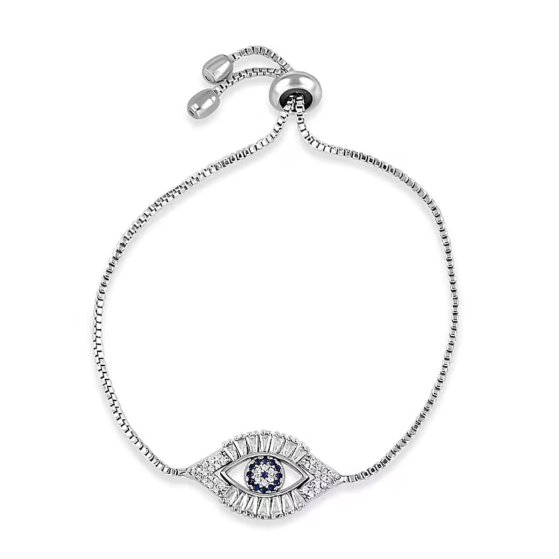 Zircon Evil Eye Bolo Bracelet in Silvertone