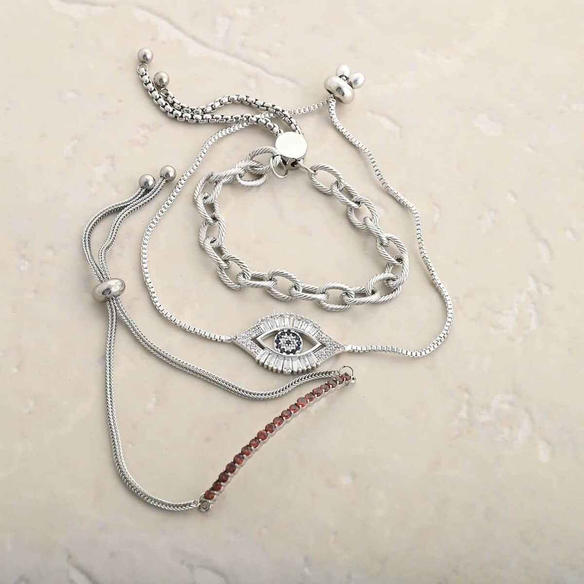 Zircon Evil Eye Bolo Bracelet in Silvertone image number 1