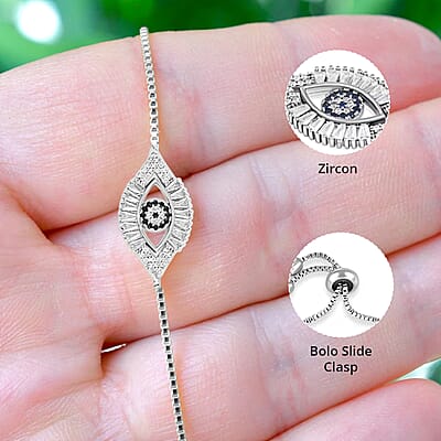 Zircon Evil Eye Bolo Bracelet in Silvertone