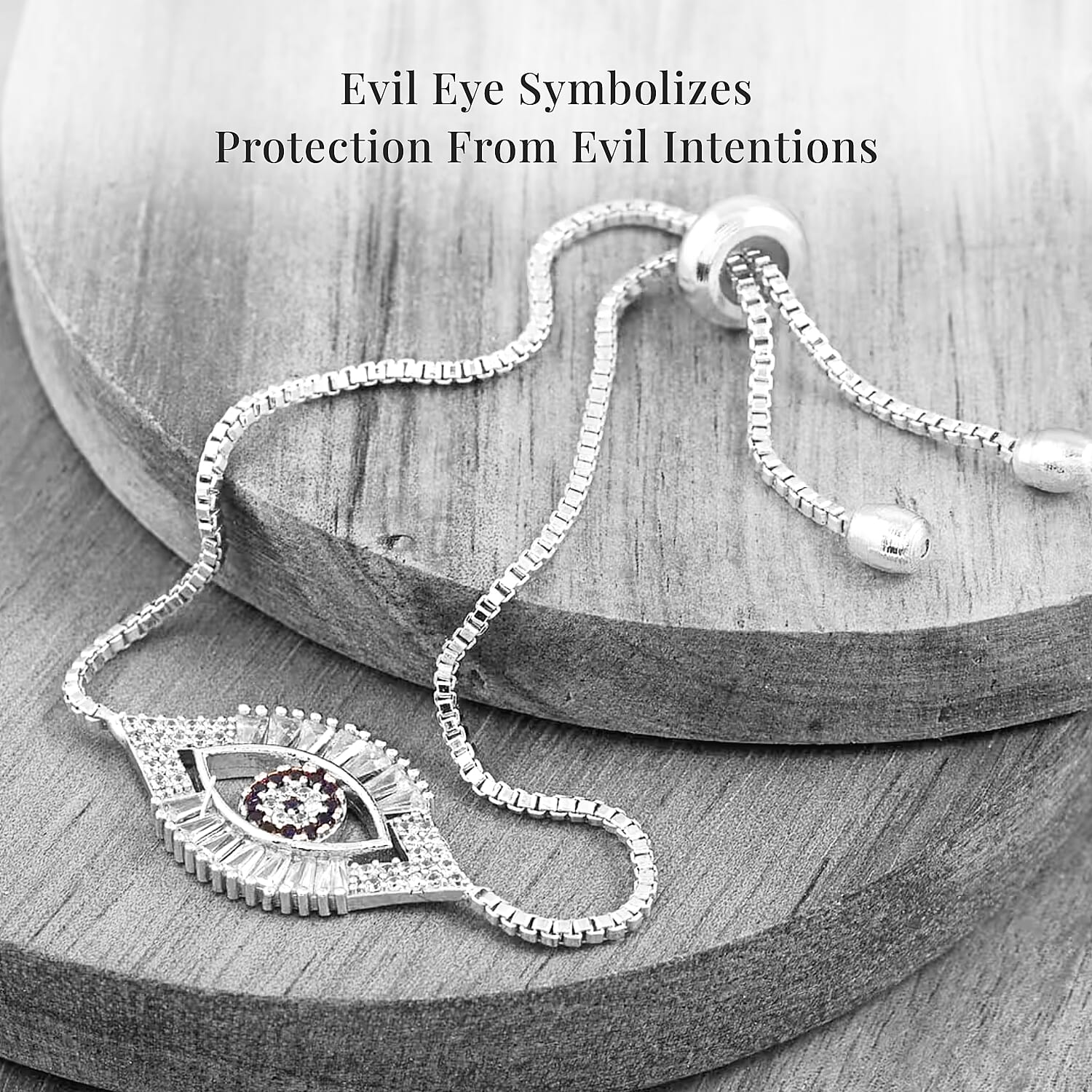 Zircon Evil Eye Bolo Bracelet in Silvertone