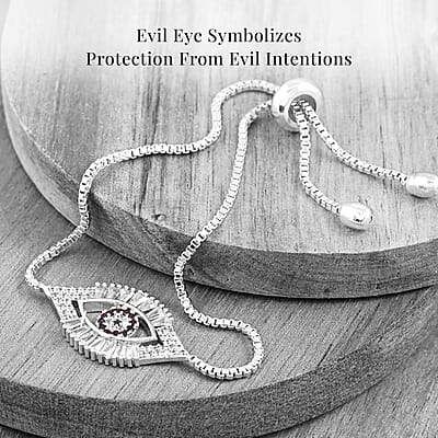 Zircon Evil Eye Bolo Bracelet in Silvertone