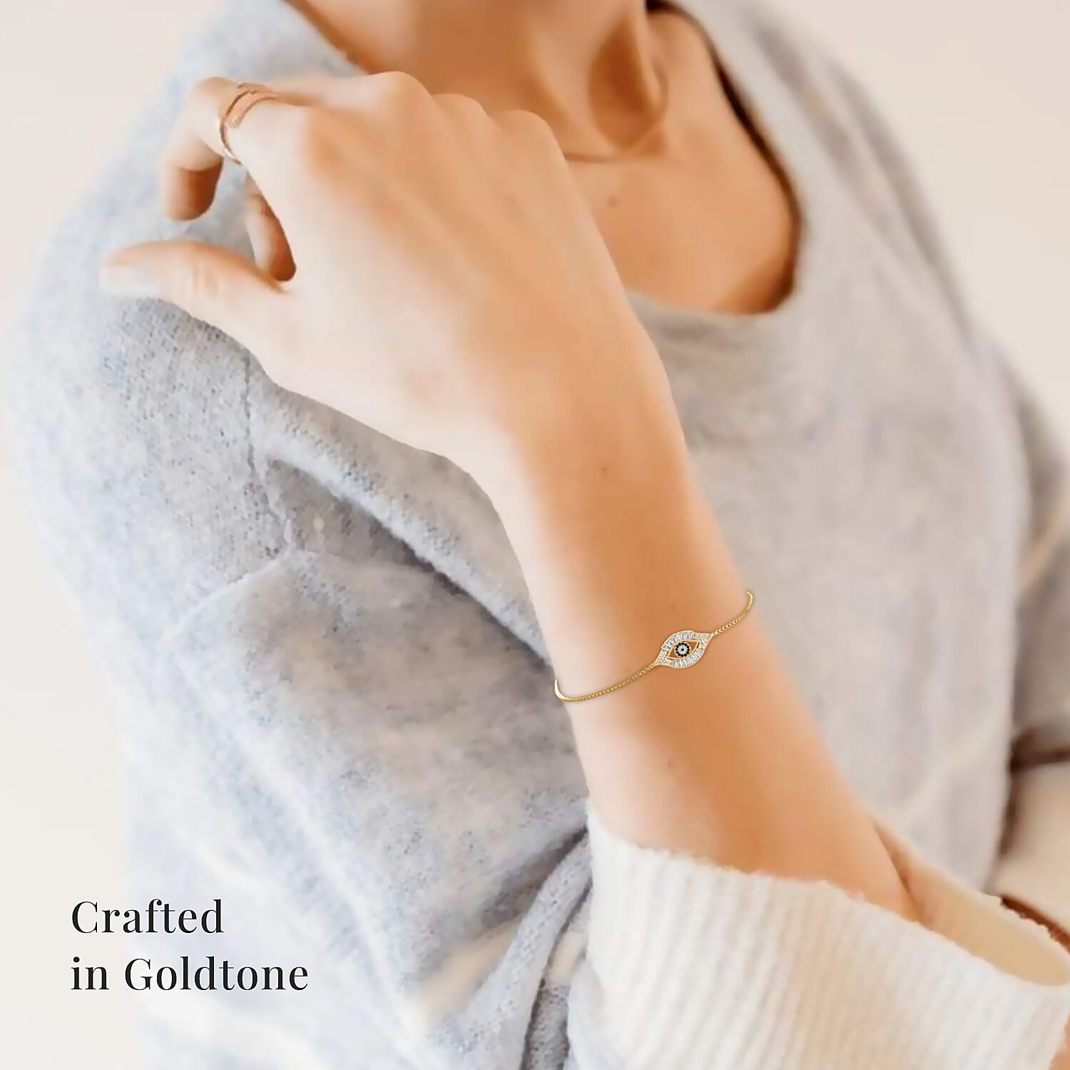 Zircon Evil Eye Bolo Bracelet in Silvertone