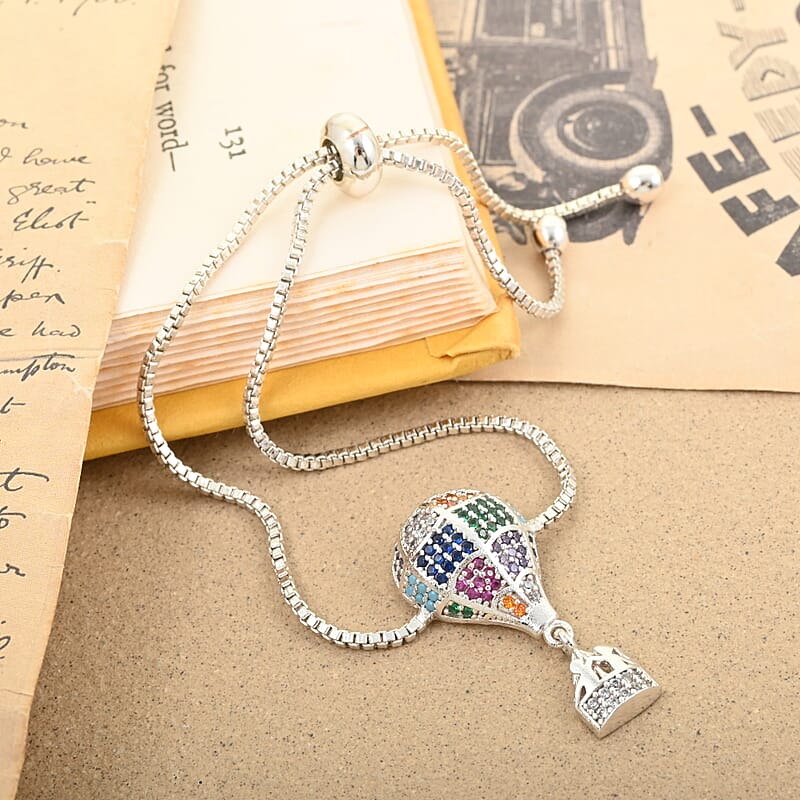 Mosaic Style Multi Color Zircon Air Balloon Bolo Bracelet in Silvertone
