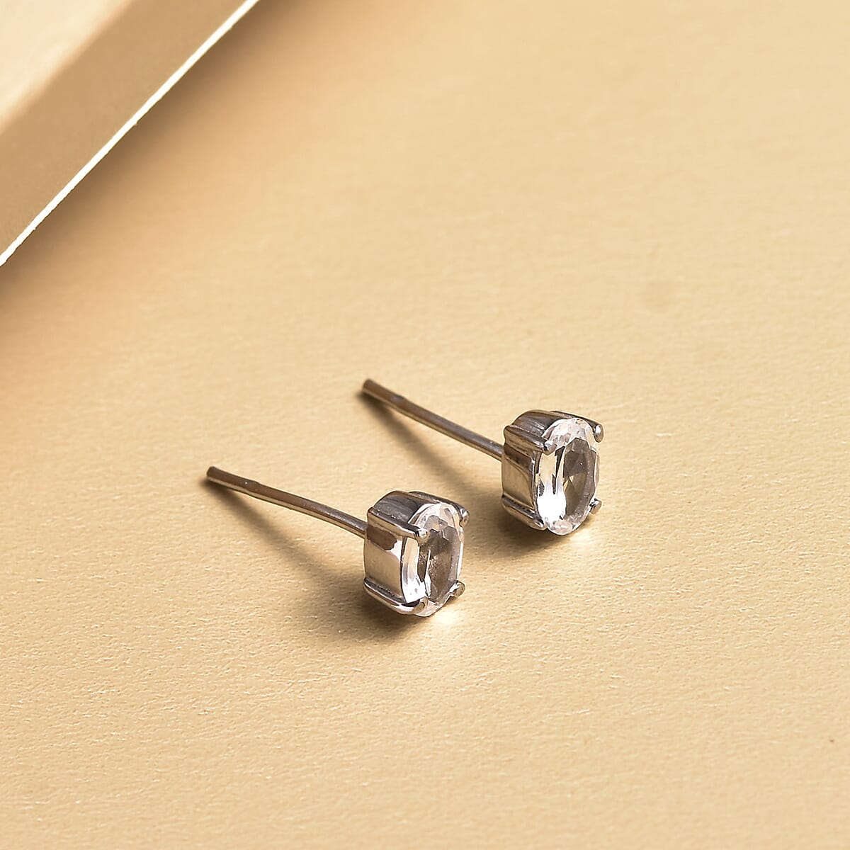 White Topaz Solitaire Stud Earrings in Stainless Steel 1.00 ctw image number 2