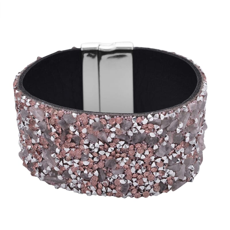 Pink Austrian Crystal, Galilea Rose Quartz, Simulated Pink Color Resin 40.00 ctw Bracelet in Faux Leather Band and Magnetic Lock Silvertone (7.50 In)