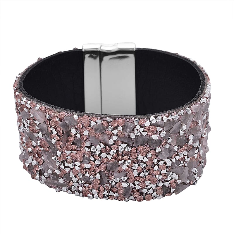 Pink Austrian Crystal, Galilea Rose Quartz, Simulated Pink Color Resin 40.00 ctw Bracelet in Faux Leather Band and Magnetic Lock Silvertone (7.50 In)