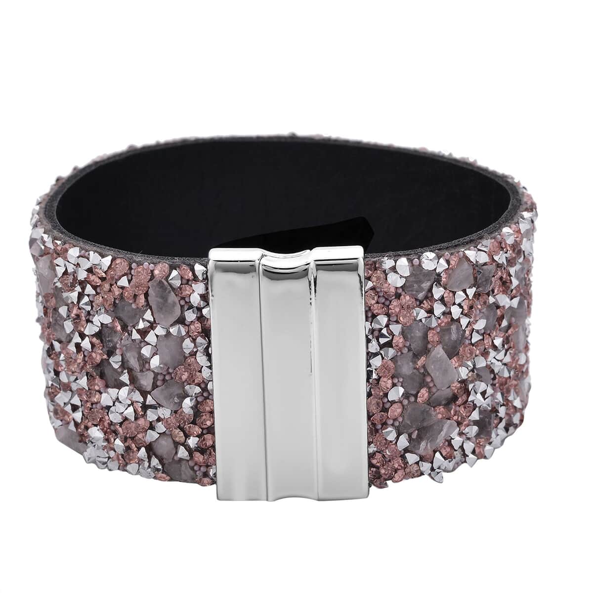 Pink Austrian Crystal, Galilea Rose Quartz, Simulated Pink Color Resin Bracelet in Faux Leather Band and Magnetic Lock Silvertone (7.50 In) 40.00 ctw image number 2