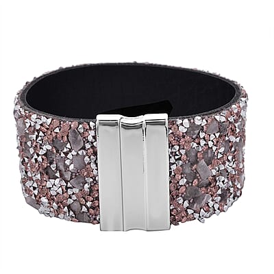 Pink Austrian Crystal, Galilea Rose Quartz, Simulated Pink Color Resin 40.00 ctw Bracelet in Faux Leather Band and Magnetic Lock Silvertone (7.50 In)