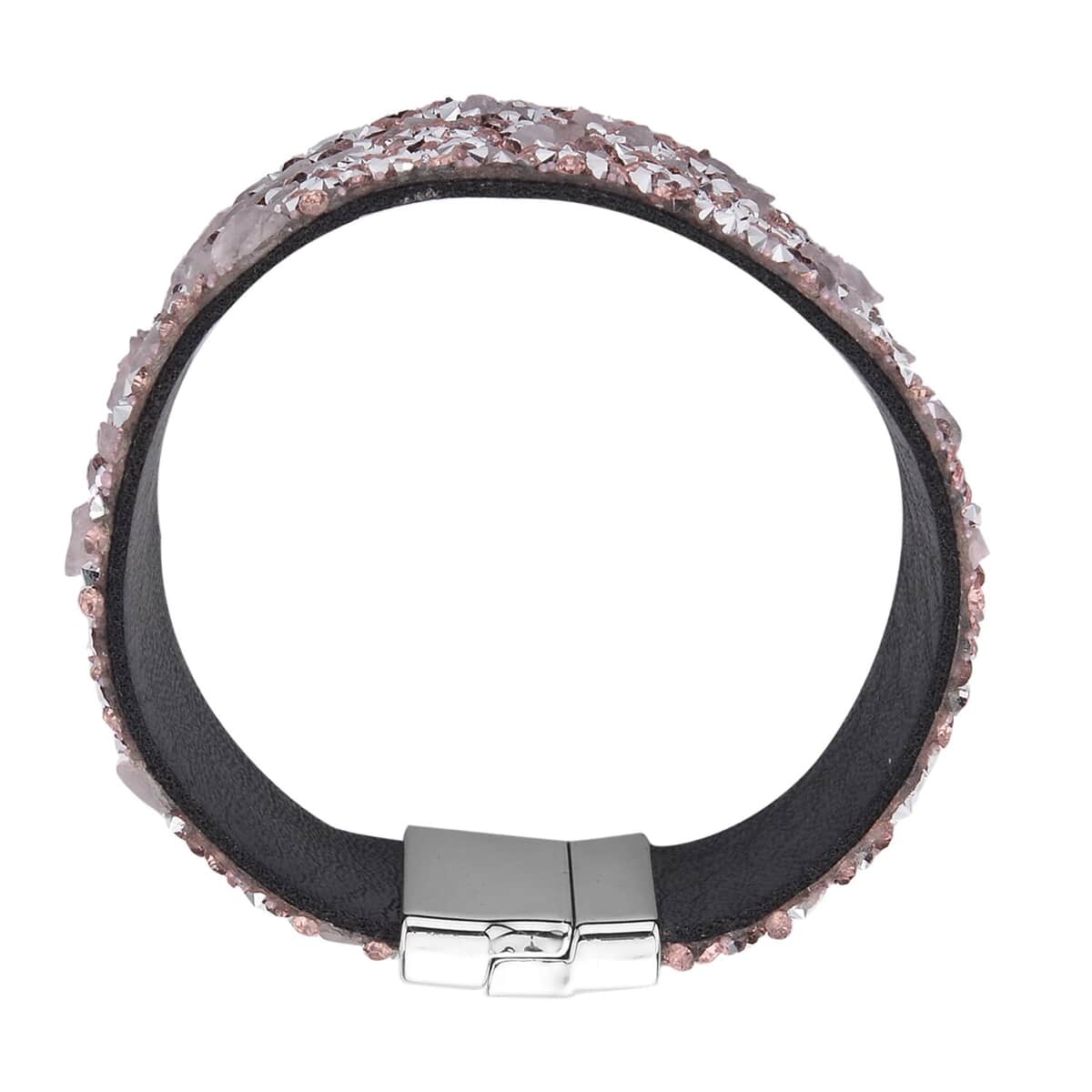 Pink Austrian Crystal, Galilea Rose Quartz, Simulated Pink Color Resin Bracelet in Faux Leather Band and Magnetic Lock Silvertone (7.50 In) 40.00 ctw image number 3