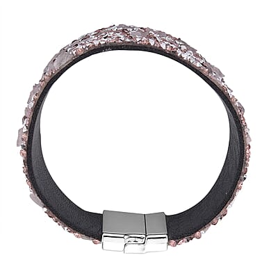 Pink Austrian Crystal, Galilea Rose Quartz, Simulated Pink Color Resin 40.00 ctw Bracelet in Faux Leather Band and Magnetic Lock Silvertone (7.50 In)