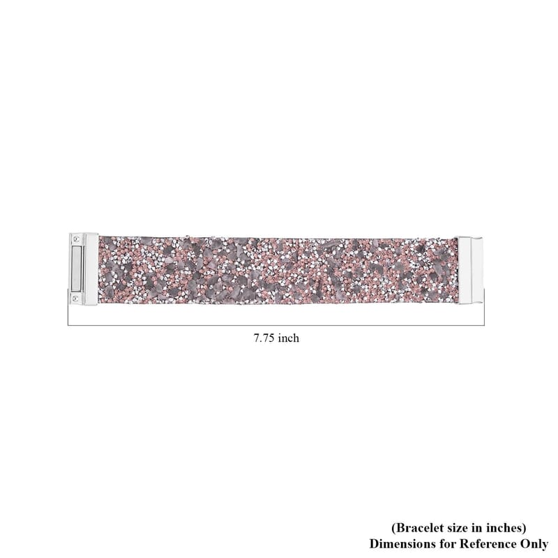Pink Austrian Crystal, Galilea Rose Quartz, Simulated Pink Color Resin 40.00 ctw Bracelet in Faux Leather Band and Magnetic Lock Silvertone (7.50 In)