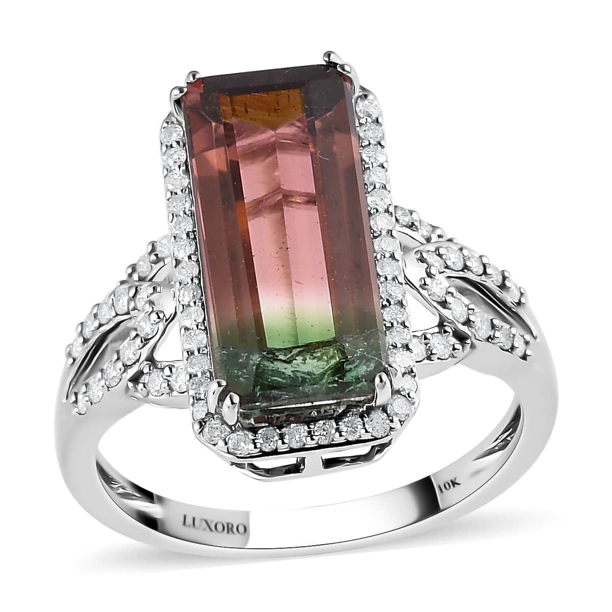 LUXORO 10K White Gold Premium Watermelon Tourmaline and G-H I3 Diamond Ring (Size 7.0) 3.10 Grams 5.60 ctw image number 0