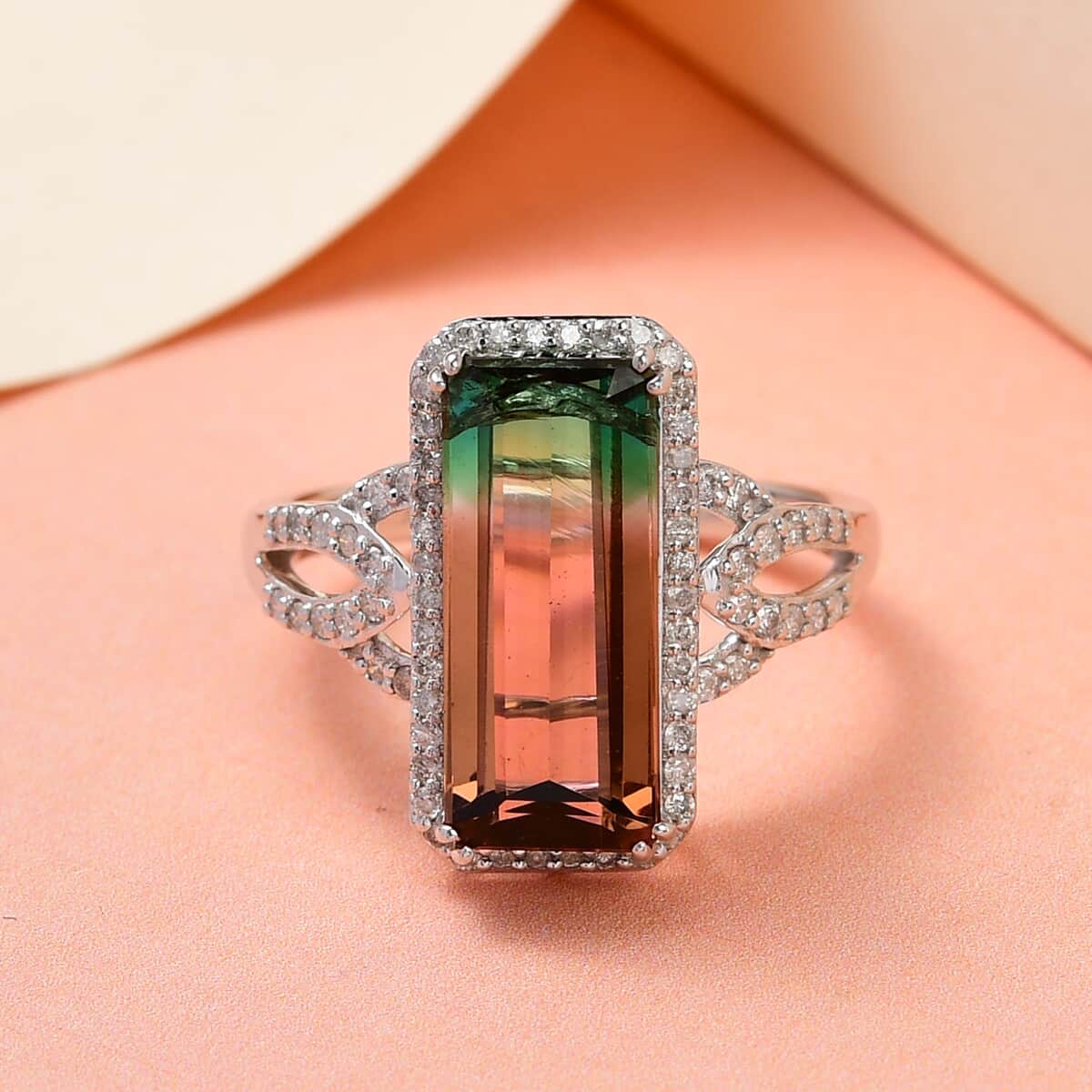 LUXORO 10K White Gold Premium Watermelon Tourmaline and G-H I3 Diamond Ring (Size 7.0) 3.10 Grams 5.60 ctw image number 1