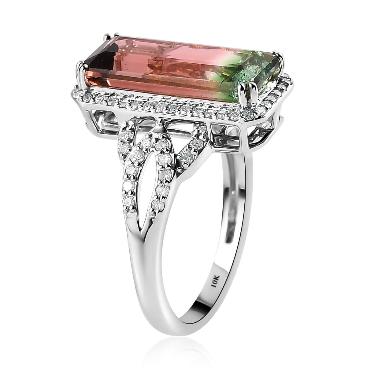 LUXORO 10K White Gold Premium Watermelon Tourmaline and G-H I3 Diamond Ring (Size 7.0) 3.10 Grams 5.60 ctw image number 3