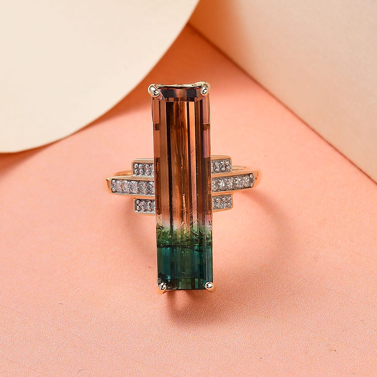 Luxoro 10K Yellow Gold Premium Watermelon Tourmaline and G-H I3 Diamond Ring (Size 8.0) 4.15 Grams 11.10 ctw image number 1
