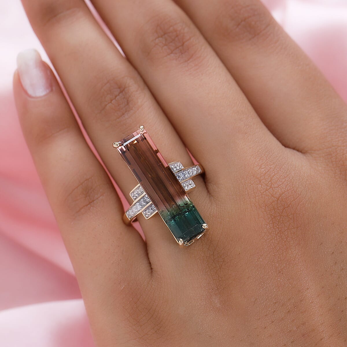 Luxoro 10K Yellow Gold Premium Watermelon Tourmaline and G-H I3 Diamond Ring (Size 8.0) 4.15 Grams 11.10 ctw image number 2