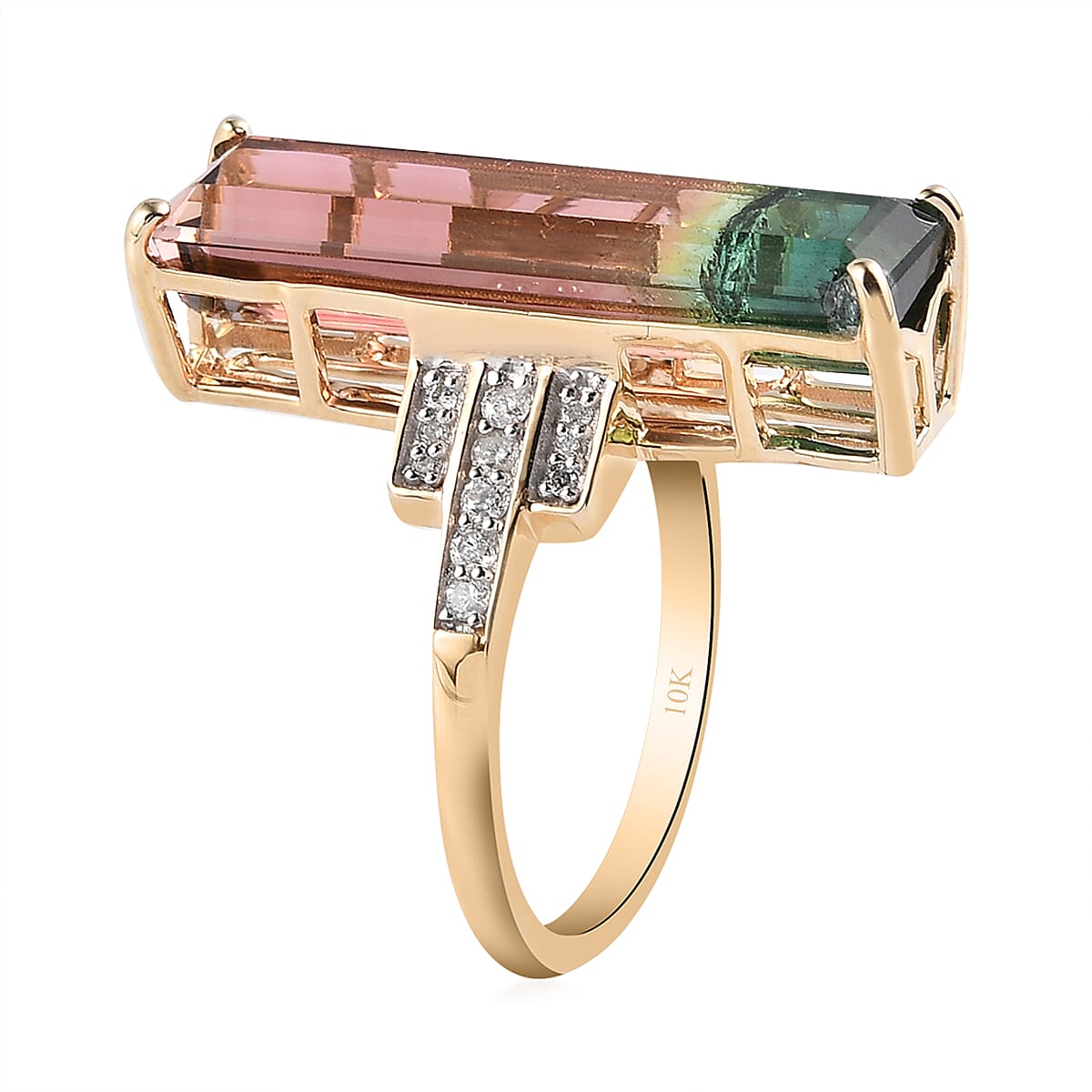 Luxoro 10K Yellow Gold Premium Watermelon Tourmaline and G-H I3 Diamond Ring (Size 8.0) 4.15 Grams 11.10 ctw image number 3