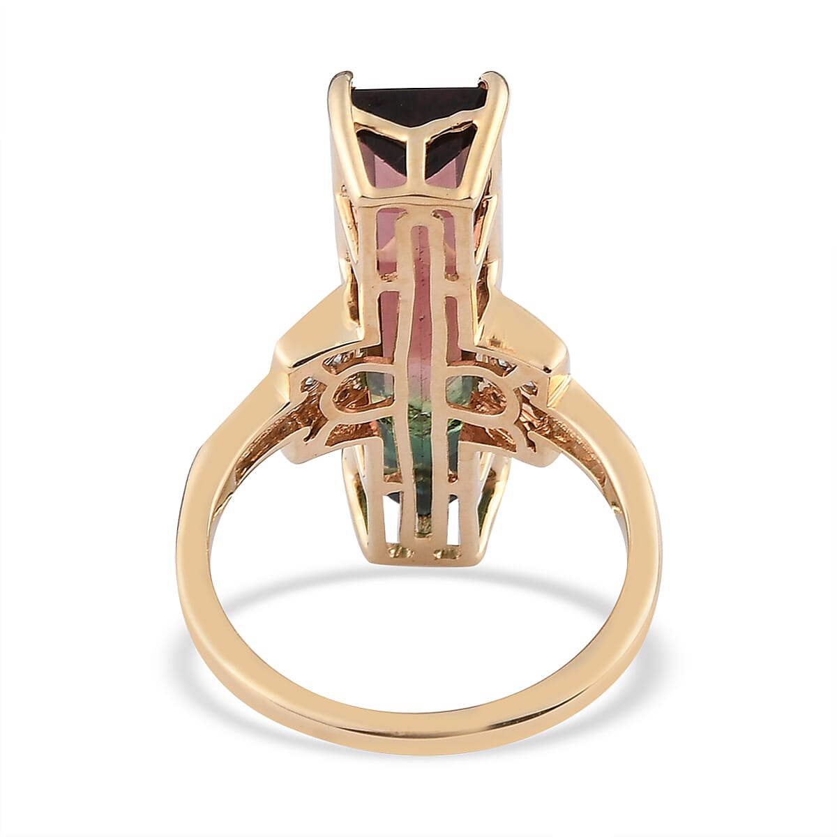 Luxoro 10K Yellow Gold Premium Watermelon Tourmaline and G-H I3 Diamond Ring (Size 8.0) 4.15 Grams 11.10 ctw image number 4