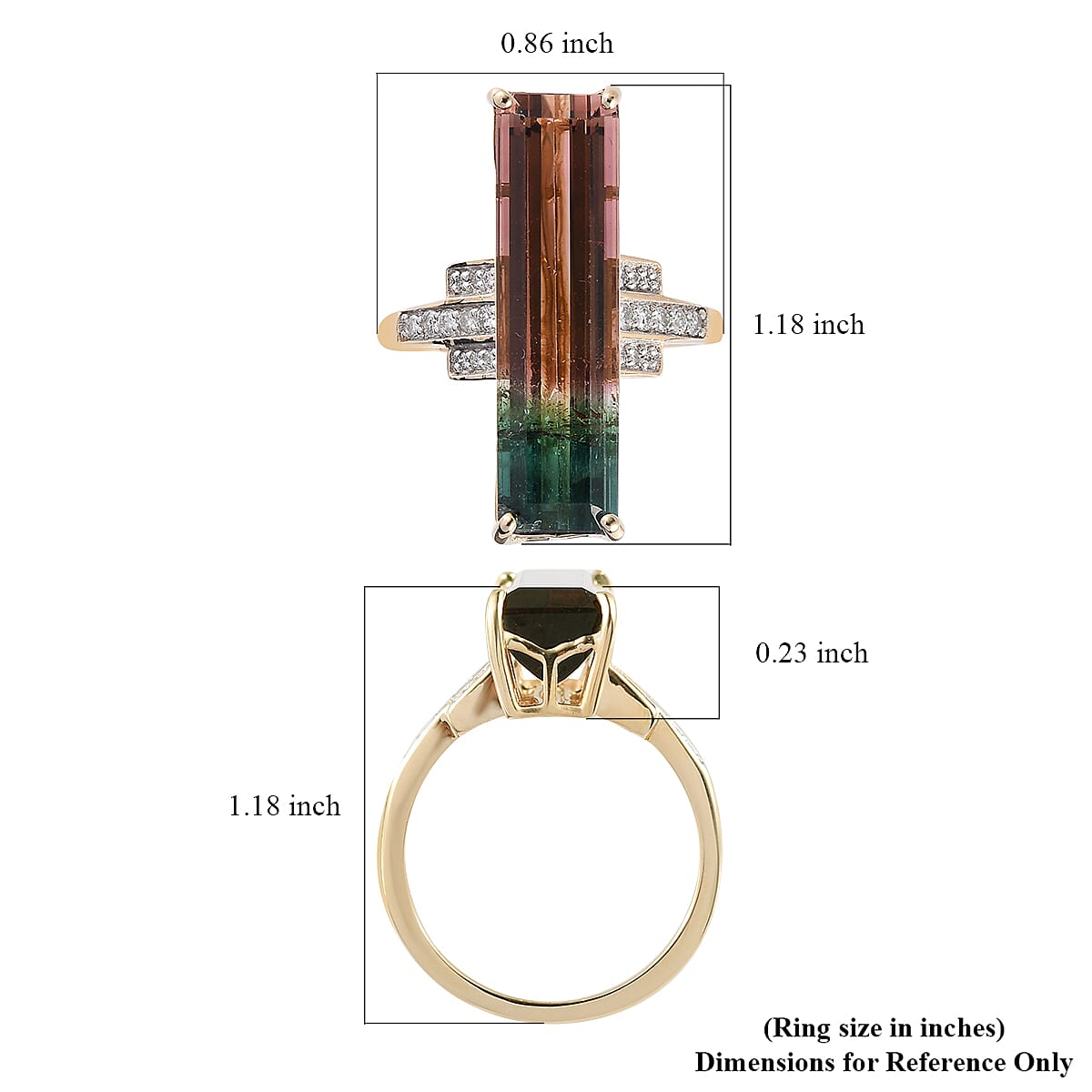 Luxoro 10K Yellow Gold Premium Watermelon Tourmaline and G-H I3 Diamond Ring (Size 8.0) 4.15 Grams 11.10 ctw image number 5