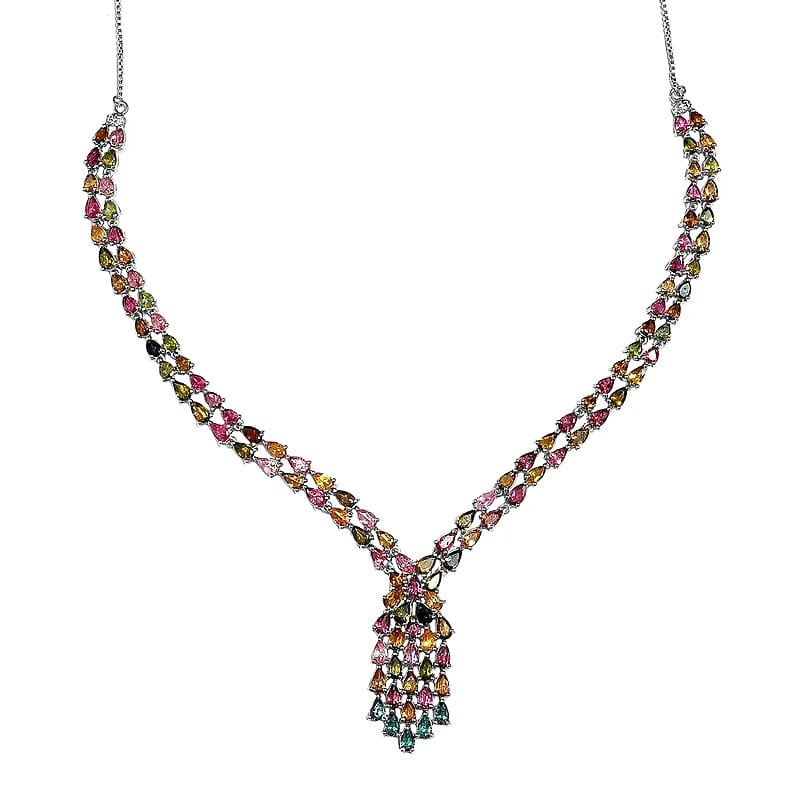 AAA Multi-Tourmaline Necklace in Platinum Over Sterling Silver, Waterfall Necklace, Wedding Gifts For Her (18 Inches) 19.20 ctw