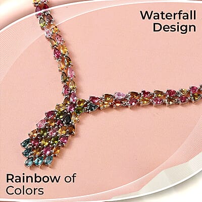 AAA Multi-Tourmaline Necklace in Platinum Over Sterling Silver, Waterfall Necklace, Wedding Gifts For Her (18 Inches) 19.20 ctw