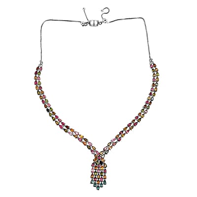 AAA Multi-Tourmaline Necklace in Platinum Over Sterling Silver, Waterfall Necklace, Wedding Gifts For Her (18 Inches) 19.20 ctw