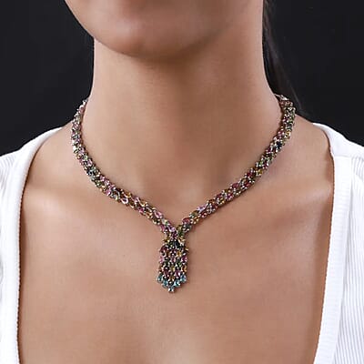 AAA Multi-Tourmaline Necklace in Platinum Over Sterling Silver, Waterfall Necklace, Wedding Gifts For Her (18 Inches) 19.20 ctw